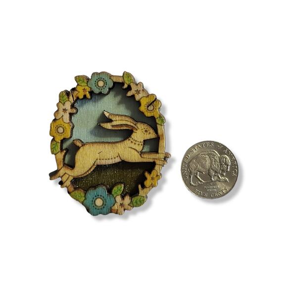 Handmade Painted Wood Shadow Box Bunny Brooch - Picture 1 of 3